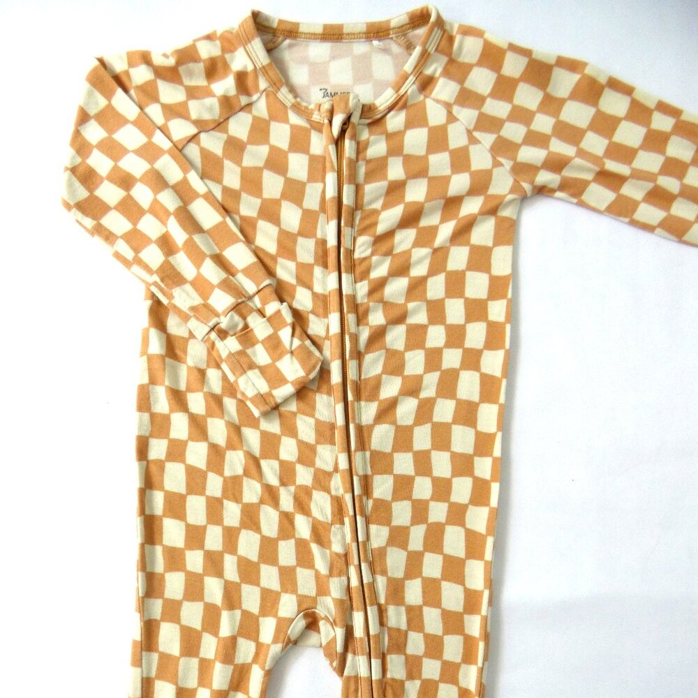 In My Jammers Bamboo Taupe Wavy Checkered Zipper Romper, Size 6-9 Months